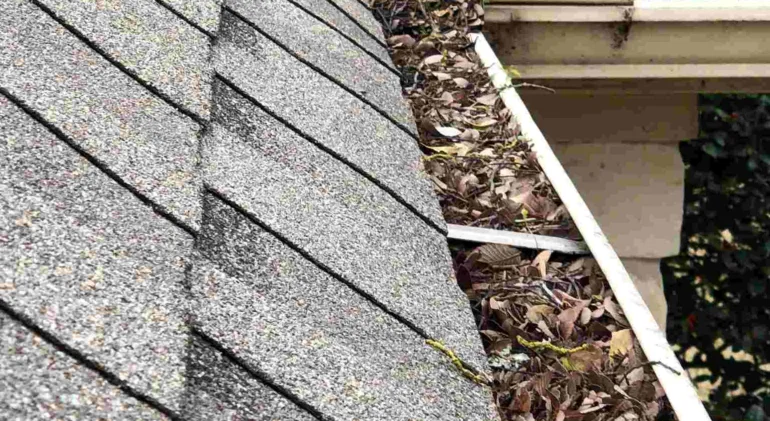 A gutter that is on the side of a roof.