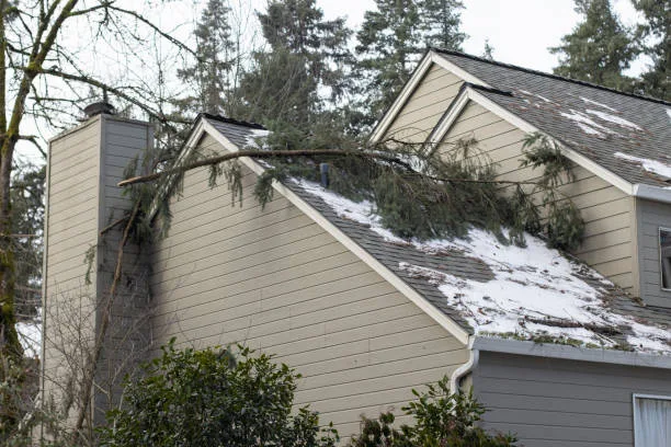 Storm damage to a Hyattsville home with missing roof shingles and damaged siding after severe weather requiring emergency repairs.
